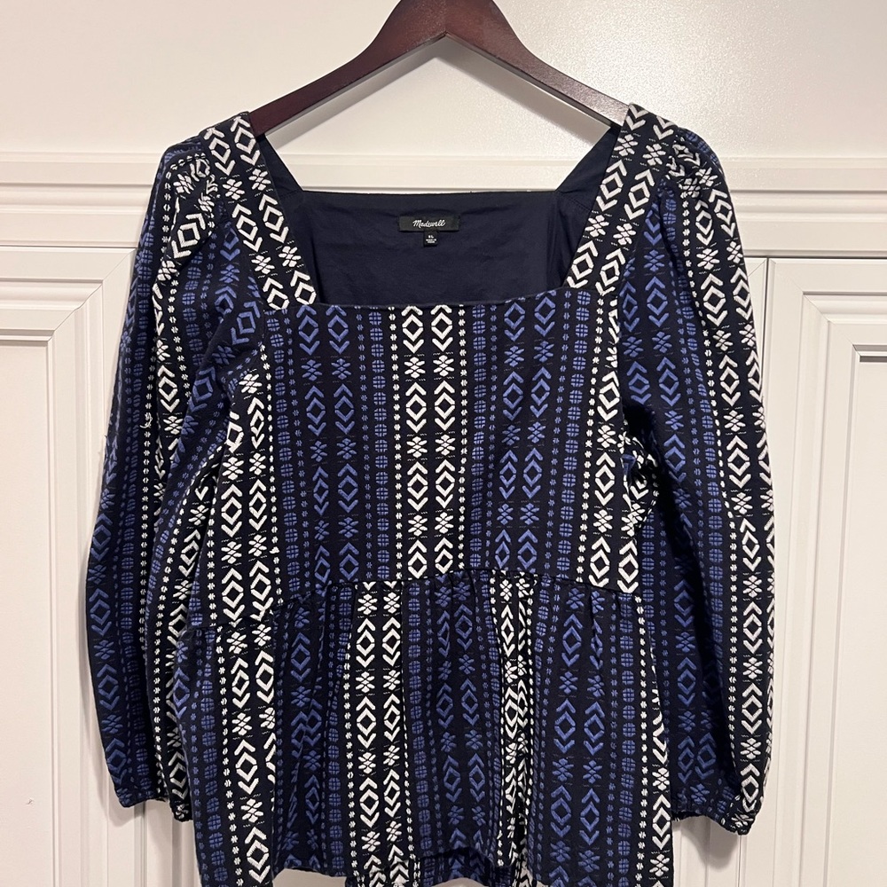 XL Madewell Blue and White Geometric Peplum Top - Picture 8 of 15